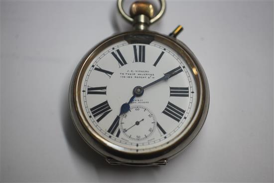 A plated Goliath pocket watch by J C Vickery, in silver mounted illuminating square case with strap handle and interior compartment, 6.